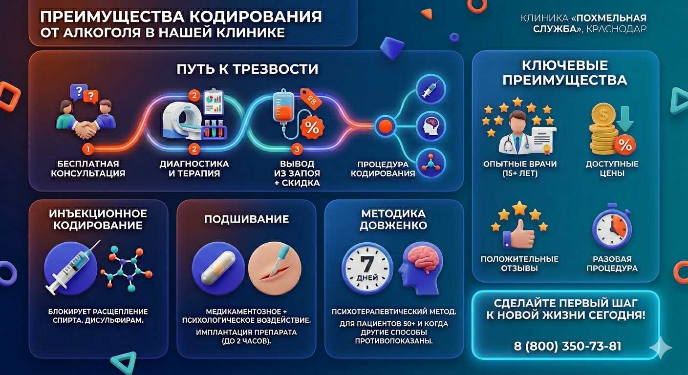 Инфографика о методах кодирования от алкоголя в Таштаголе: инъекции, подшивание, метод Довженко. Преимущества клиники и этапы лечения.